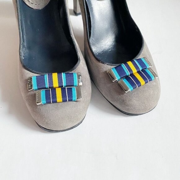 Celine Grey Suede Web Stripe Detail Round Toe High Heels 38  Italy - Picture 4 of 13